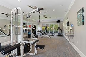 Winston-Salem townhouse for rent - A gym with a variety of equipment including a squat rack, a bench, and a treadmill.