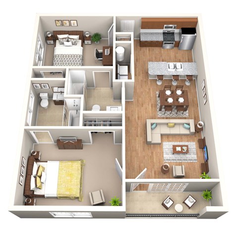 Floor plan for 2 beds, 2 baths, 1044 sqft