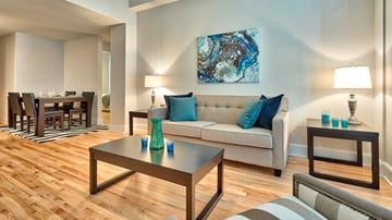 Norfolk apartment for rent - A living room with a couch, coffee table, and a painting on the wall.
