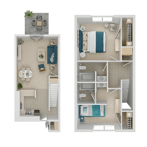 Floor plan for 2 beds, 2 baths, 1025 sqft