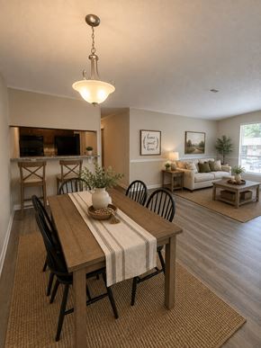 Fayetteville apartment for rent - A dining room with a wooden table and chairs.