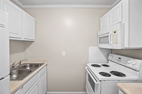 Fayetteville apartment for rent - A white kitchen with a stove, sink, and microwave.