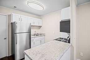 Fayetteville apartment for rent - A kitchen with a refrigerator, stove, and sink.
