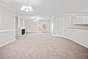 Fayetteville apartment for rent - A spacious living room with a fireplace and a carpeted floor.