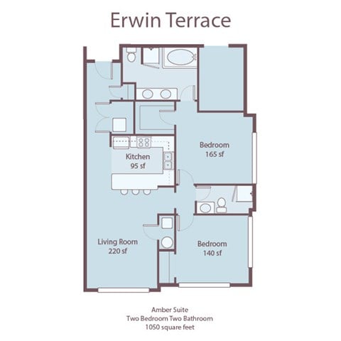Floor plan for 2 beds, 2 baths, 1050 sqft
