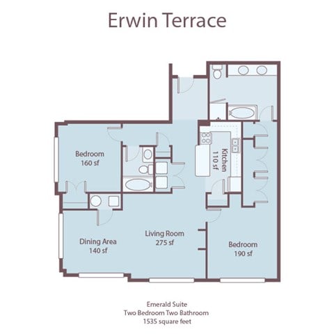 Floor plan for 2 beds, 2 baths, 1535 sqft