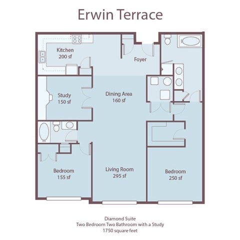 Floor plan for 2 beds, 2 baths, 1750 sqft
