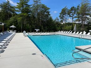 Asheville apartment for rent - 3-Bedroom Garden-Style Apartments In Weaverville, NC - Highline North - Resort-Style Salt Water Pool With Plenty Of Lounge Chairs And Umbrellas Surrounded By Tall Trees
