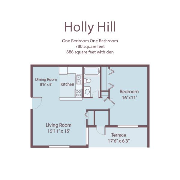 Floor plan for 1 bed, 1 bath, 780 sqft