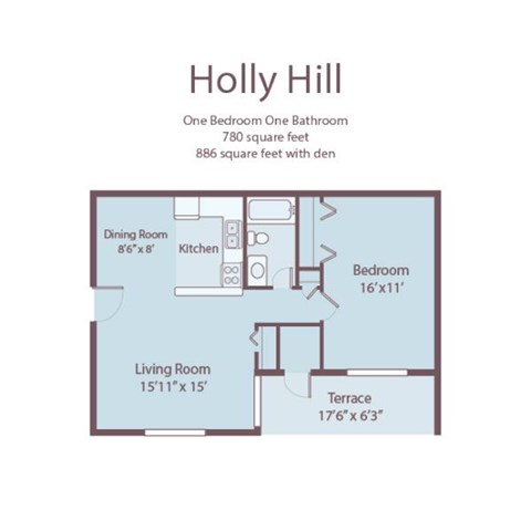 Floor plan for 1 bed, 1 bath, 780 sqft