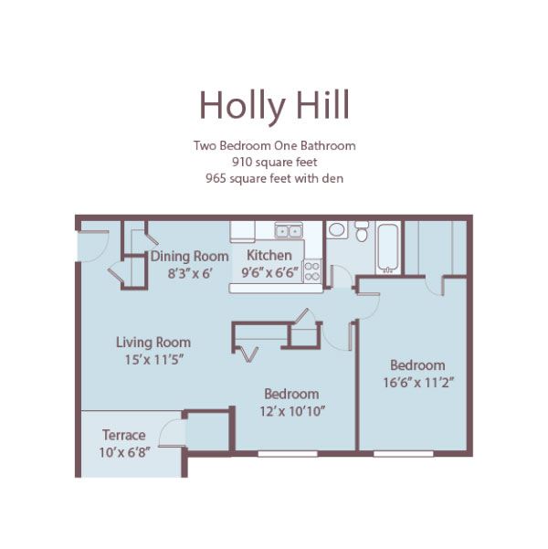 Floor plan for 2 beds, 1 bath, 965 sqft