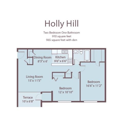 Floor plan for 2 beds, 1 bath, 965 sqft