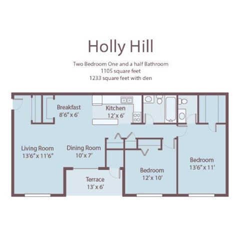 Floor plan for 2 beds, 1.5 baths, 1105 sqft