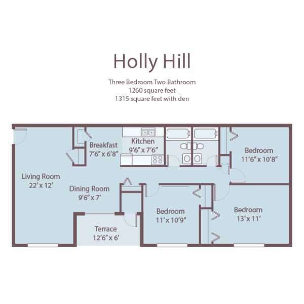 Floor plan for 3 beds, 2 baths, 1260 sqft