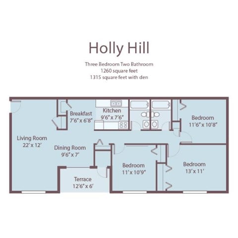 Floor plan for 3 beds, 2 baths, 1260 sqft