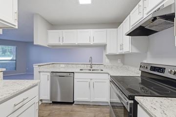 Winston Salem apartment for rent - A kitchen with white cabinets and a black stove top oven.