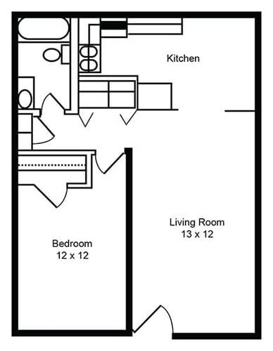 Floor plan for 1 bed, 1 bath, 616 sqft