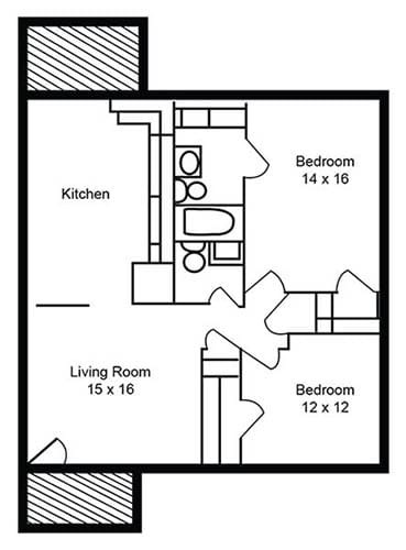 Floor plan for 2 beds, 1.5 baths, 1100 sqft