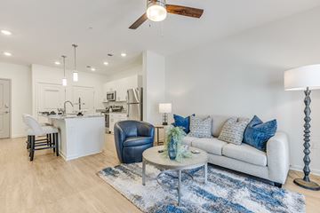 Ocean Isle Beach apartment for rent - A modern living room with a blue and white rug on the floor.