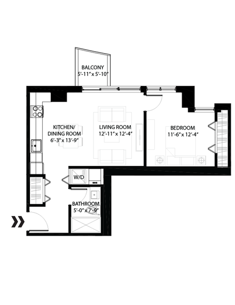 Floor plan for 1 bed, 1 bath, 630 sqft