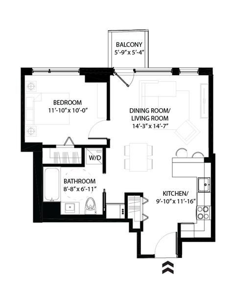 Floor plan for 1 bed, 1 bath, 630 sqft