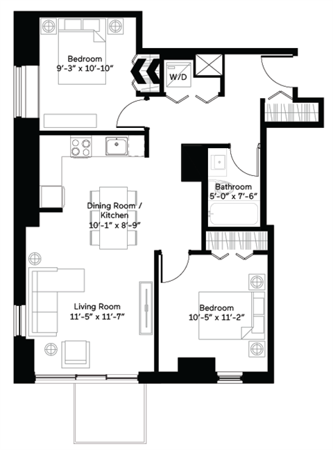Floor plan for 2 beds, 1 bath, 840 sqft