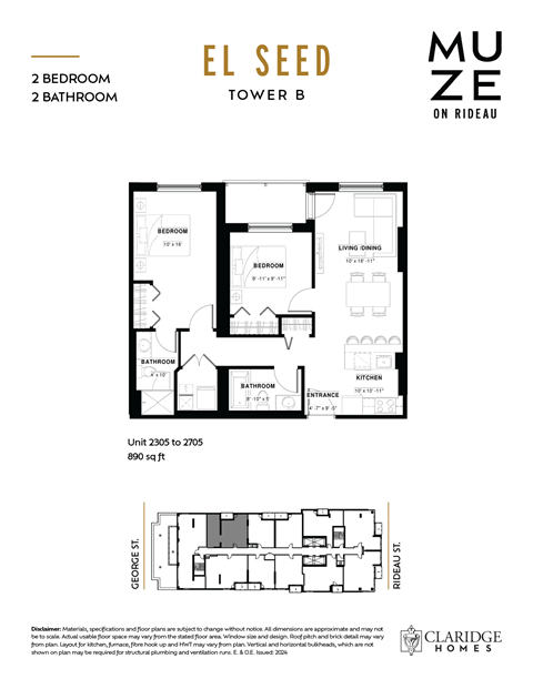 Floor plan for 2 beds, 2 baths, 890 sqft
