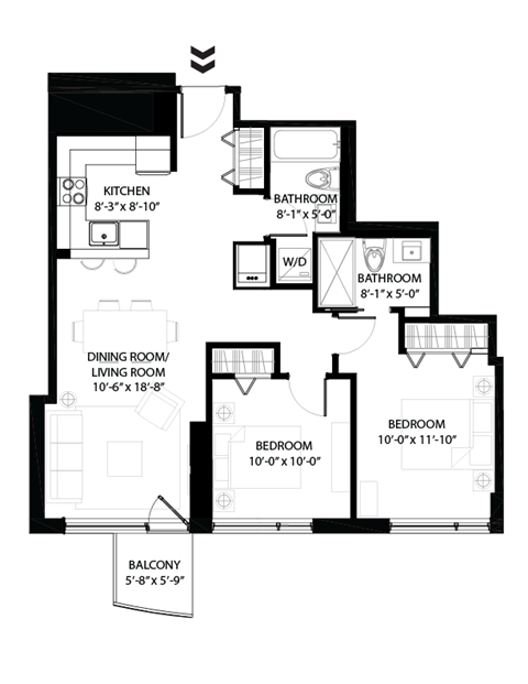 Floor plan for 2 beds, 2 baths, 857 sqft