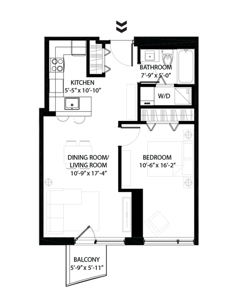 Floor plan for 1 bed, 1 bath, 643 sqft