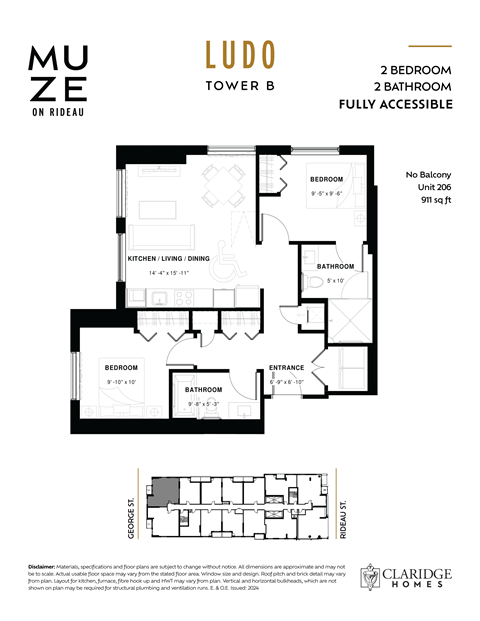 Floor plan for 2 beds, 2 baths, 911 sqft