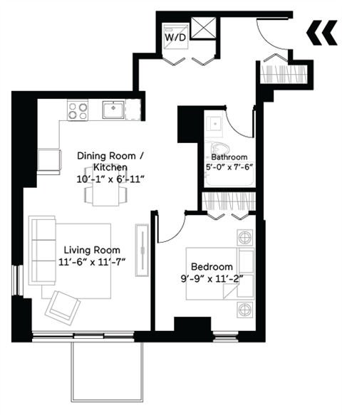 Floor plan for 1 bed, 1 bath, 685 sqft