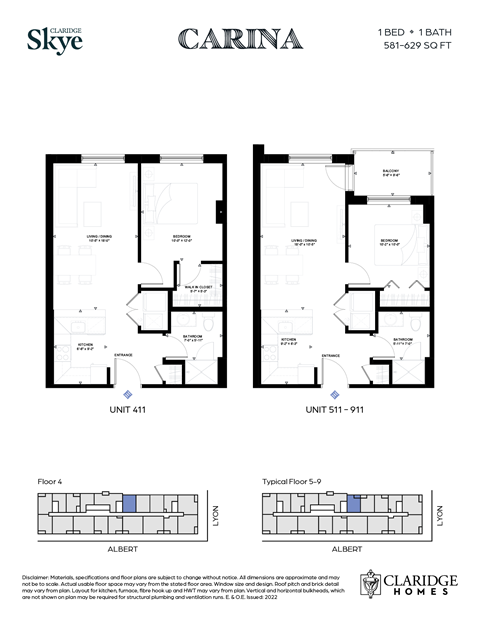 Floor plan for 1 bed, 1 bath, 581 sqft