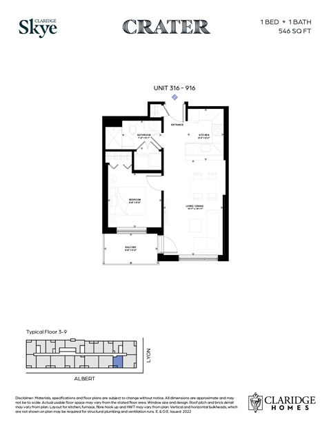 Floor plan for 1 bed, 1 bath, 546 sqft