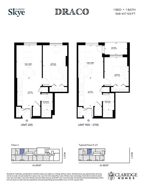 Floor plan for 1 bed, 1 bath, 567 sqft