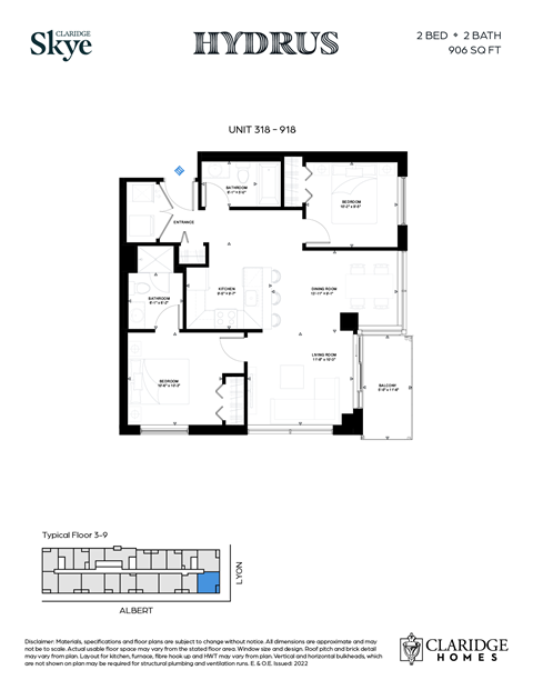 Floor plan for 2 beds, 2 baths, 906 sqft