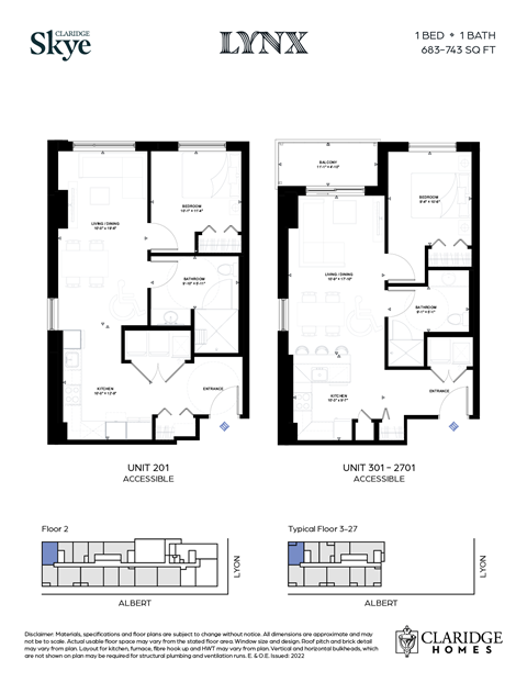 Floor plan for 1 bed, 1 bath, 683 sqft
