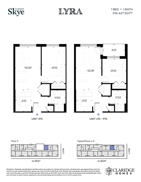 Floor plan for 1 bed, 1 bath, 627 sqft