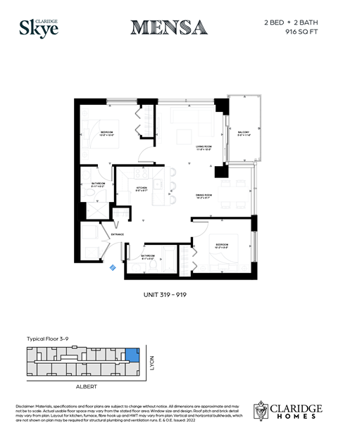 Floor plan for 2 beds, 2 baths, 916 sqft