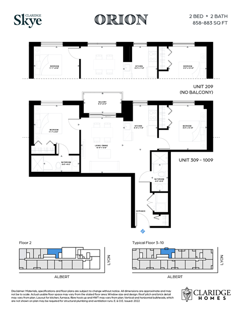 Floor plan for 2 beds, 2 baths, 858 sqft