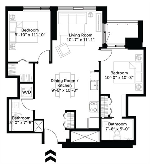 Floor plan for 2 beds, 2 baths, 885 sqft