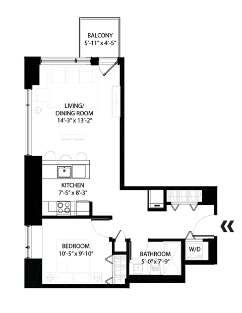 Floor plan for 1 bed, 1 bath, 669 sqft