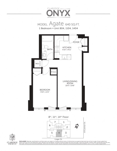 Floor plan for 1 bed, 1 bath, 640 sqft