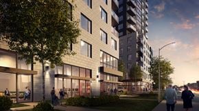 Ottawa apartment for rent - a rendering of a tall building with people walking in front of it