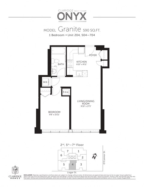 Floor plan for 1 bed, 1 bath, 590 sqft