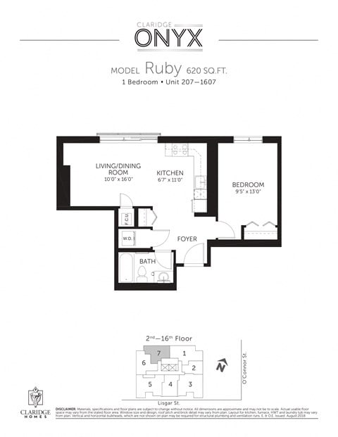 Floor plan for 1 bed, 1 bath, 620 sqft
