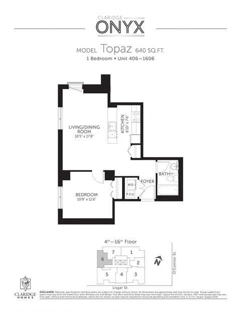 Floor plan for 1 bed, 1 bath, 640 sqft
