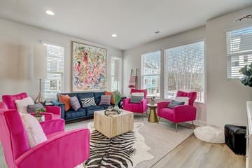 Charlotte townhouse for rent - A living room with a zebra rug and a pink chair.