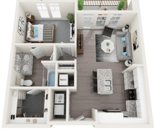 Floor plan for 1 bed, 1 bath, 885 sqft