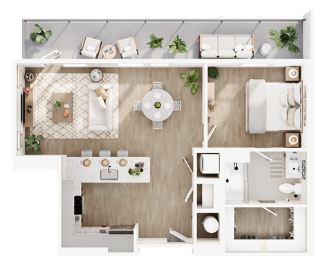 Floor plan for 1 bed, 1 bath, 1079 sqft