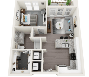Floor plan for 1 bed, 1 bath, 728 sqft